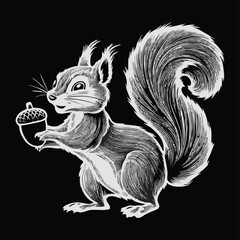 Charming black and white sketch-style cartoon illustration of a happy squirrel holding an acorn. Ideal for children’s books, vintage-style t-shirt prints, nature-themed designs, and woodland animal co
