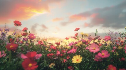 Obraz premium Serene Sunset over a Vibrant Wildflower Meadow
