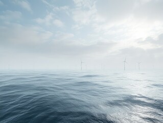 Offshore Wind Farm in Misty Sea.