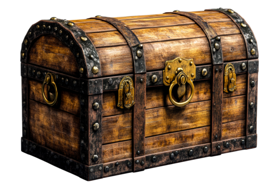 Vintage wooden chest with metal accents, secure lock, cut out transparent