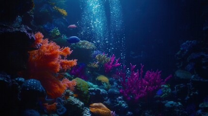 Naklejka premium Vibrant Underwater Coral Reef Scene with Fish and Bubbles