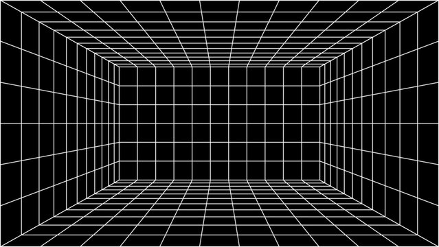 3d wireframe perspective grid room template design vector illustration background. Empty 3 dimension virtual room with perspective wireframe grid geometric sketch. Cyber virtual line interior frame.
