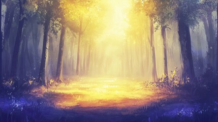 Magical Forest Path Golden Light and Mystical Atmosphere