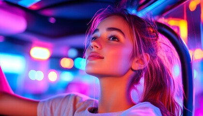 Naklejka premium A young woman with pink hair gazes upward, bathed in vibrant neon lights
