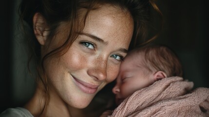 A mother holding her newborn baby in her arms, both smiling and sharing a quiet, tender moment of connection.