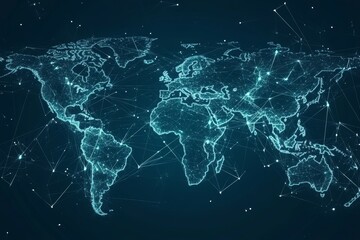 abstract representation of a global network, featuring interlinked nodes in shades of teal and blue, Generative AI
