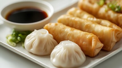 Delicious asian food spring rolls and dumplings with soy sauce for dinner or appetizer photography