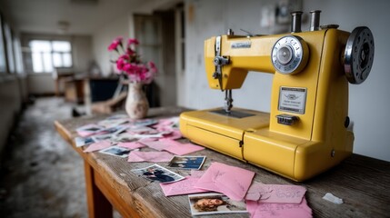 Fototapeta premium Vintage yellow sewing machine on rustic wooden table with scattered photographs and pink paper notes