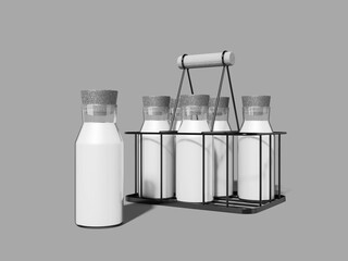 Milk Packaging Glass Bottle Mockup with Metal Carrier Cart 3D Rendering