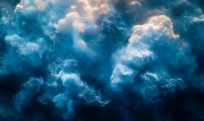 Fototapeta premium Ethereal blue clouds with golden light, a dreamlike aerial view