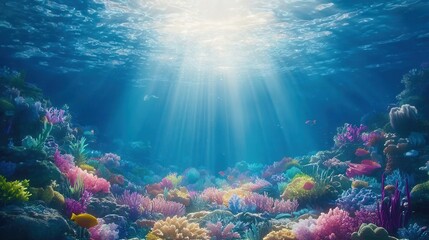Naklejka premium Underwater Paradise Vibrant Coral Reef Scene with Sunbeams