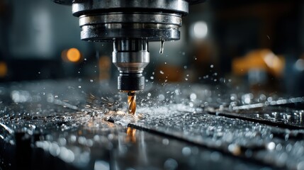 A CNC machine at full operation, drilling metal with high accuracy in a modern factory setting.