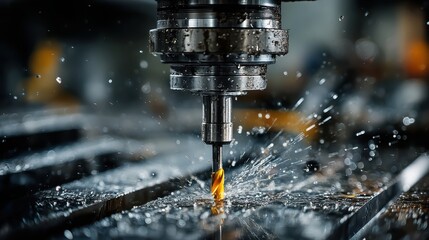 A CNC machine at full operation, drilling metal with high accuracy in a modern factory setting.