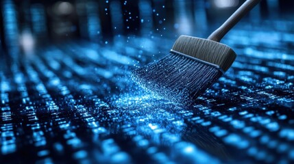 Digital Data Cleaning Blue Glowing Data Swept Away by Worn Brush