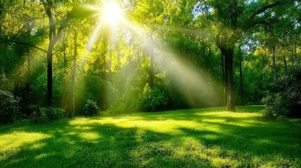 Lush forest bathed in sunlight.  Tranquil green landscape