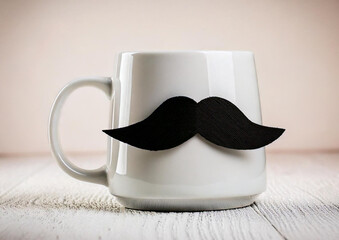 White Mug with Black Mustache on Light Wooden Surface for Father’s Day Gift Concept