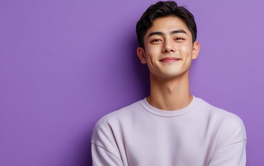 young vogue confident smiling man with short hair, wearing a light solid color blazer, standing against color background