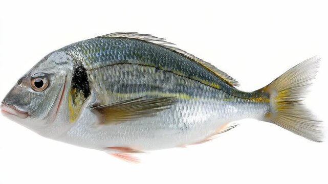 Isolated gilthead seabream fish against a white background, showcasing its silver scales, fins, and distinct black marking near the head