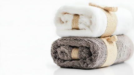 two rolled towels, one white and one gray, are stacked on top of each other with a natural twine accent. Clean lines, soft textures, and a sense of serenity