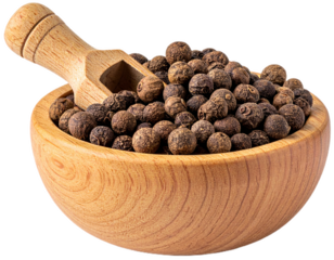Allspice (Pimenta dioica) on wooden bowl isolated on white background. Suitable for marketing or business purposes. PNG file