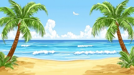 Obraz premium Tranquil Beach Scene Palm Trees Ocean Waves and Sandy Shore