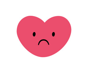 Cute doodle sad heart face icon. Sad upset heart. Love kawaii emoji. Hand drawn romantic emoticon. Expression love shape. Bad mood. Vector illustration isolated on white background.