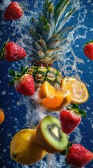 Fresh fruits in motion, splashing with water