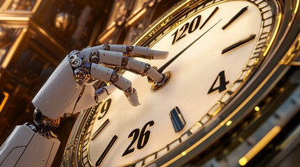 a robotic hand touching a large clock, a concept that shows time control