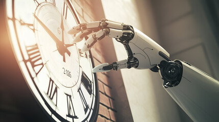 the mechanical robotic hand interacts with a vintage clock, capturing the essence of time and technology
