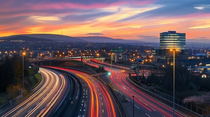 Obraz premium Long exposure photo of a busy highway at dusk with vibrant light streaks from speeding cars, capturing dynamic urban traffic energy in motion.