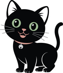 Adorable cartoon illustration of a happy black cat wearing a collar on white background