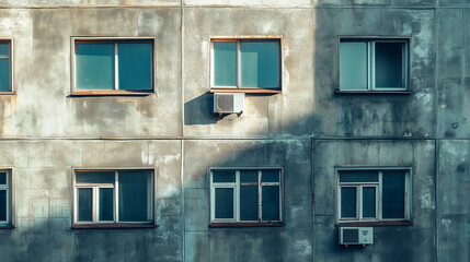 Fototapeta premium Aged concrete apartment exterior with various windows and AC units under natural sunlight and shadows