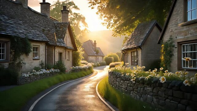 Charming countryside street lined with stone walls and blossoming flowers, leading through quaint cottages bathed in golden sunset light.

