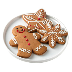 Gingerbread cookies on white plate isolated on white background