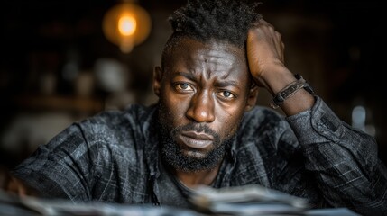 A man sitting at a table, looking stressed and confused, as he struggles to calculate his bills and expenses, concerned about his inability to pay.