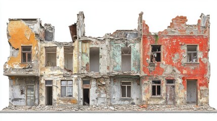 Dilapidated Buildings Row Damaged Walls, Broken Windows, Urban Decay