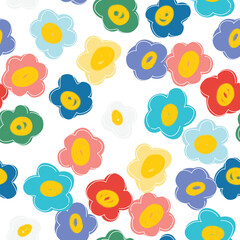 Colorful cute floral seamless pattern. Naive art style, children illustration. Doodle flowers background.