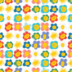 Colorful cute floral seamless pattern. Naive art style, children illustration. Doodle flowers background. Textile print wallpaper or wrapping paper