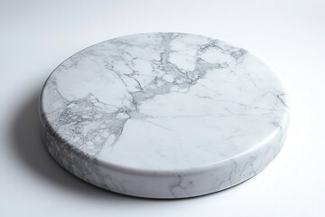 Elegant round marble block with beautiful gray veins on white backdrop. Perfect for product presentation, food photography, or background texture.