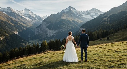 Photo Wedding Couple Amidst Majestic Mountains Green Hillside Scenic View