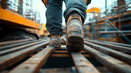 Construction Worker Walking on Steel Beams at Building Site for Industrial Project Safety