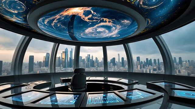 Futuristic spaceship cockpit with large panoramic windows overlooking a city skyline and galaxy, featuring advanced technology and control panels.

