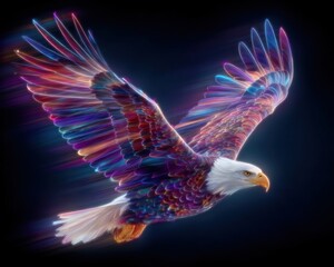 Obraz premium A majestic, neon-colored eagle soars through a dark background, its feathers glowing with vibrant, multicolored light.