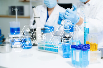 Closeup scientist science research biology chemistry chemical experiment microscope virus flask dna...