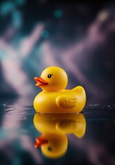 Photorealistic studio shot of a classic yellow rubber duck facing slightly sideways. Children's product advertising/websites, parenting blogs, bath product visuals