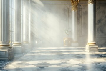 Opera house entrance hall featuring marble pillars dynamic kinetic floor in soft haze lighting