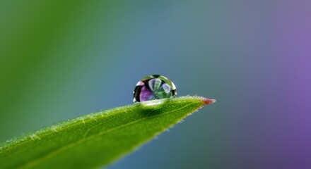 Naklejka premium Photorealistic extreme close-up macro shot of a single, perfect clear water droplet resting on a vibrant green leaf. spa/wellness branding, natural product packaging, science education materials,