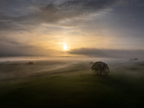 Misty Morning Drone Shot Sunrise Eshton Nr Malham, UK