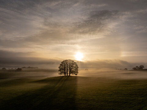 Misty Morning Drone Shot Sunrise Eshton Nr Malham, UK