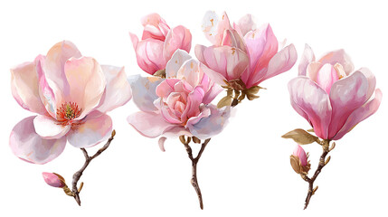 Obraz premium Pink Magnolia Blossoms Watercolor Painting on Transparent Background, PNG